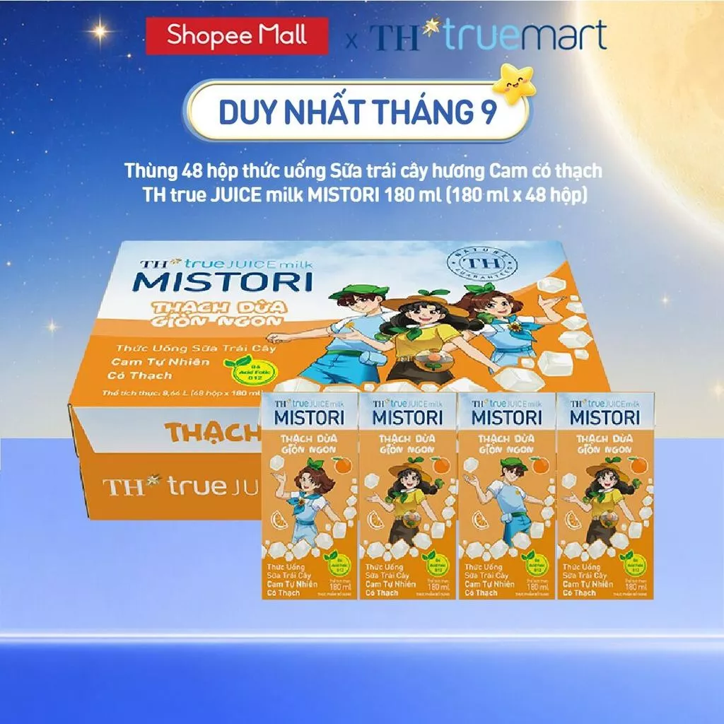 Thùng 48 hộp thức uống Sữa trái cây hương Cam có thạch TH true JUICE milk MISTORI 180ml (180mlx48)
