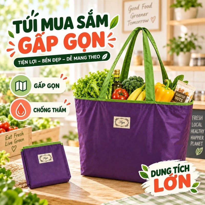 Túi Đi Chợ Đa Năng Gấp Gọn Cỡ Lớn Chống Nước Chịu Tải Tốt, Túi Tote Đựng Đồ Đi Làm Mua Sắm Tiện Lợi