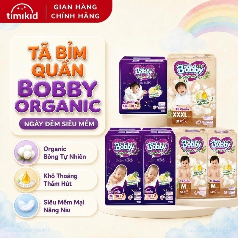 COMBO 2 Tã Bỉm Quần Bobby Organic Ngày Đêm Siêu Mềm Khô Thoáng Cho Bé Size M,L,XL,XXL,XXXL