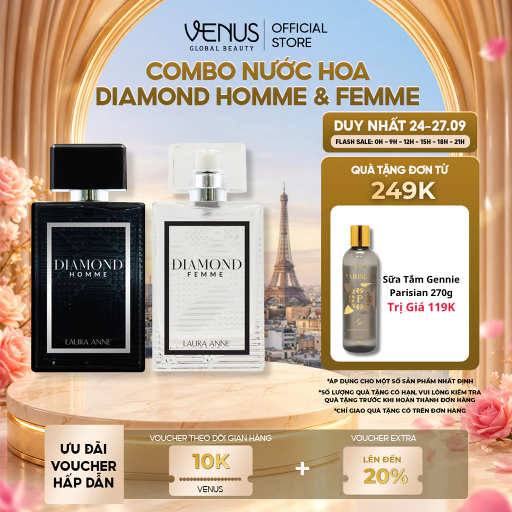 [MUA LÀ CÓ QUÀ] Combo Nước hoa Nam - Nữ Laura Anne Diamond Homme - Femme 45ml