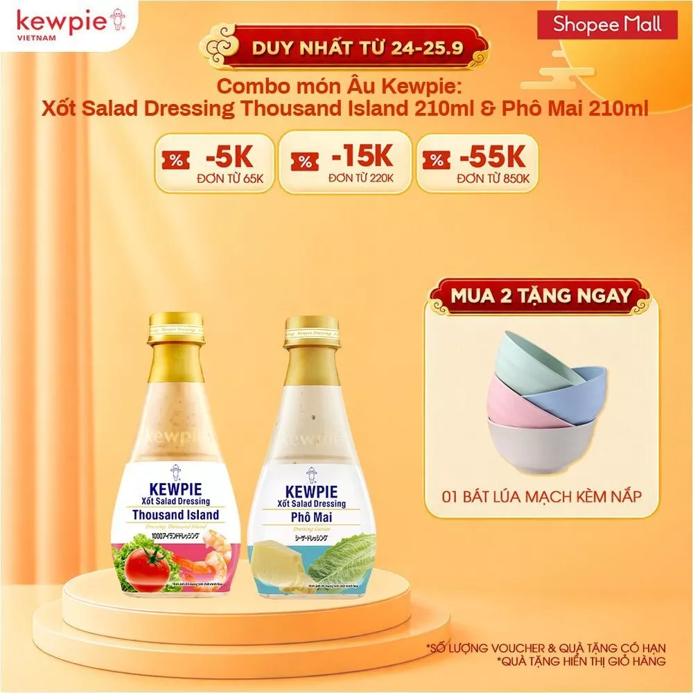 Combo món Âu Kewpie: Xốt Salad Dressing Thousand Island 210ml & Phô Mai 210ml