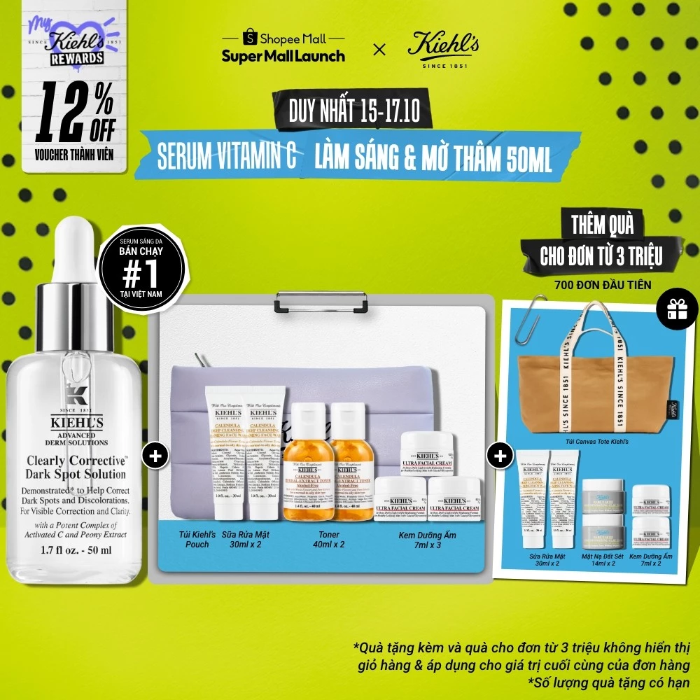 Serum Vitamin C làm sáng da & mờ thâm mụn Kiehl's Clearly Corrective™ Dark Spot Solution 50ml