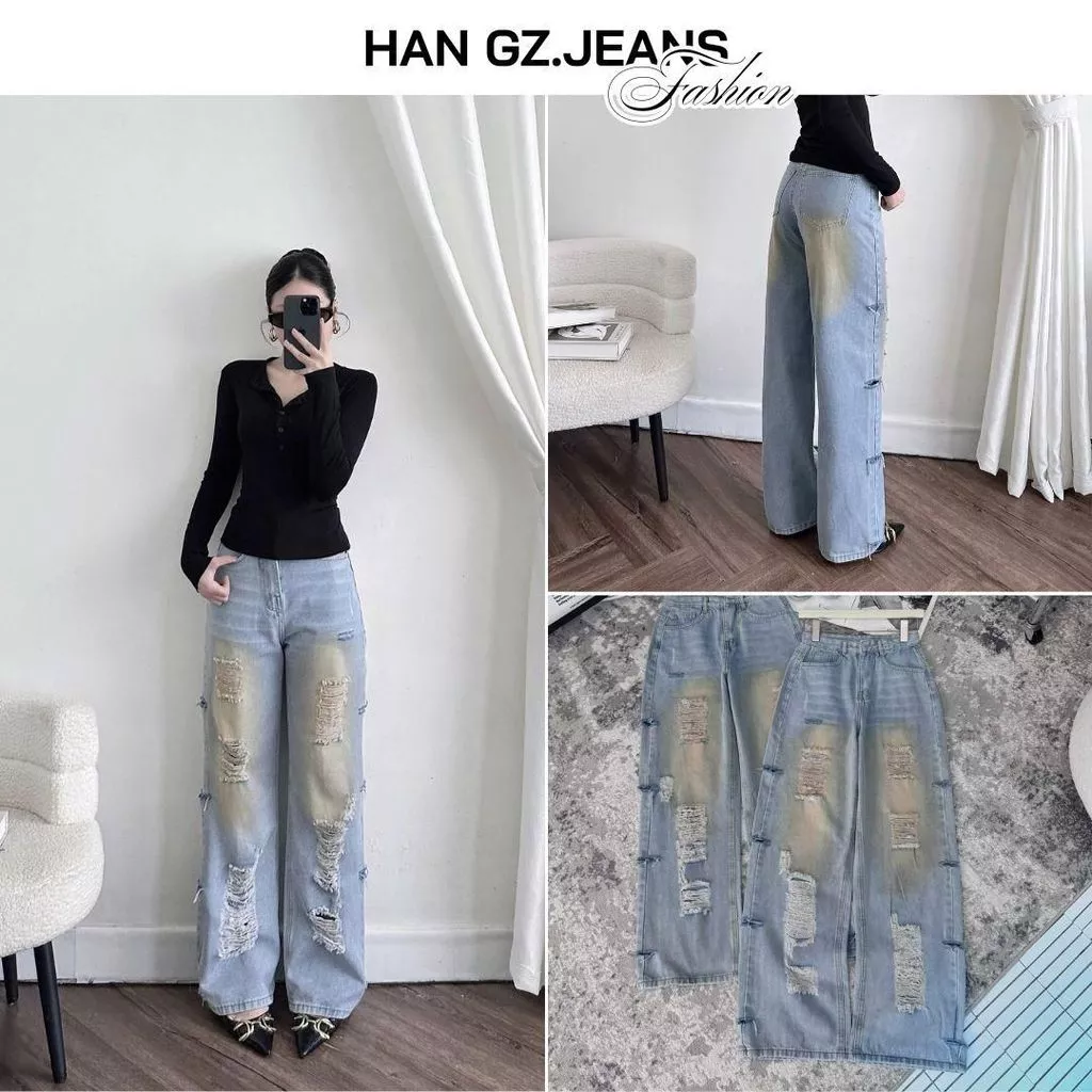 Quần Jean Nữ Ống Rộng HAN.Gz Rách Phong Cách Bụi R016 Cotton Không Co Giãn Bền Màu Thời Trang Dài Lâu