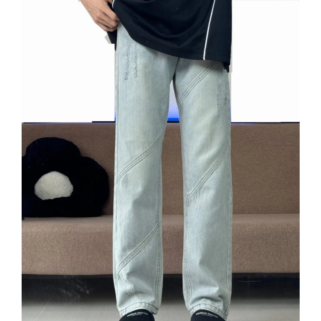 Quần jean from suông đứng hach giáng hoạ tiết chéo
