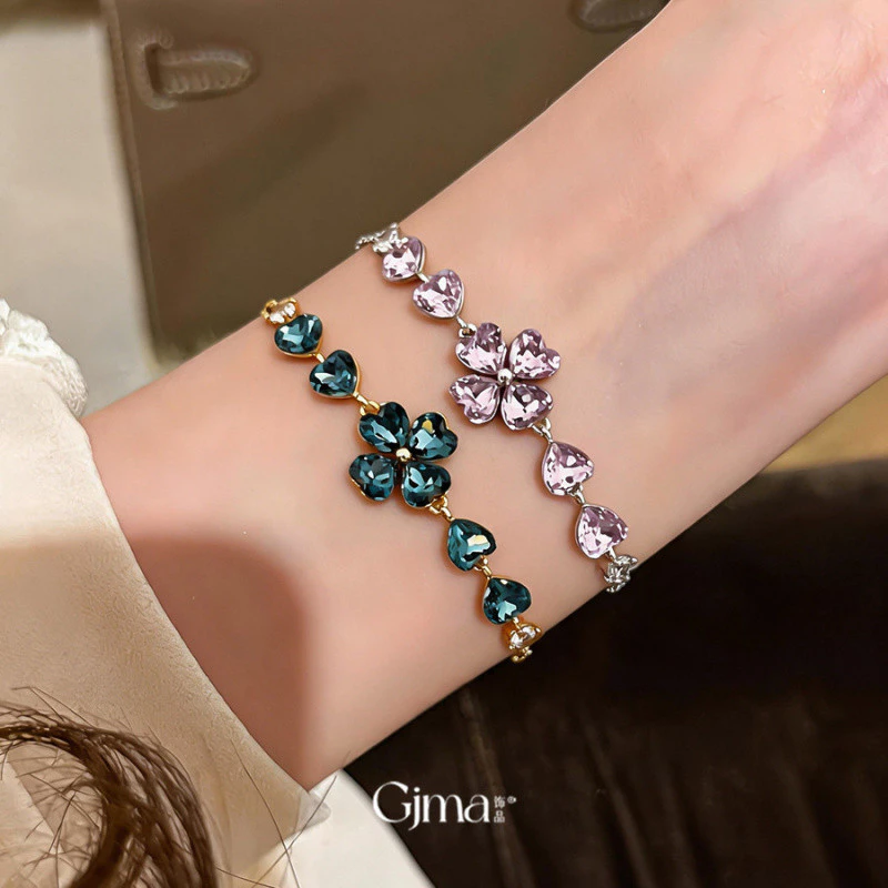 Vòng tay hoa cỏ ba lá hình trái tim dát Zircon Vòng tay thời trang tinh tế Vòng tay ngọt ngào