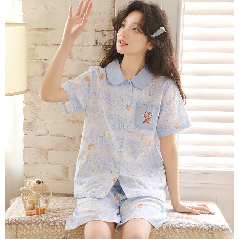 Mùa hè Phong Cách Mới Sợi Cotton Hoạt Hình In Ngọt Ngào Dễ Thương Quần Short Tay Ngắn Homewear Suit