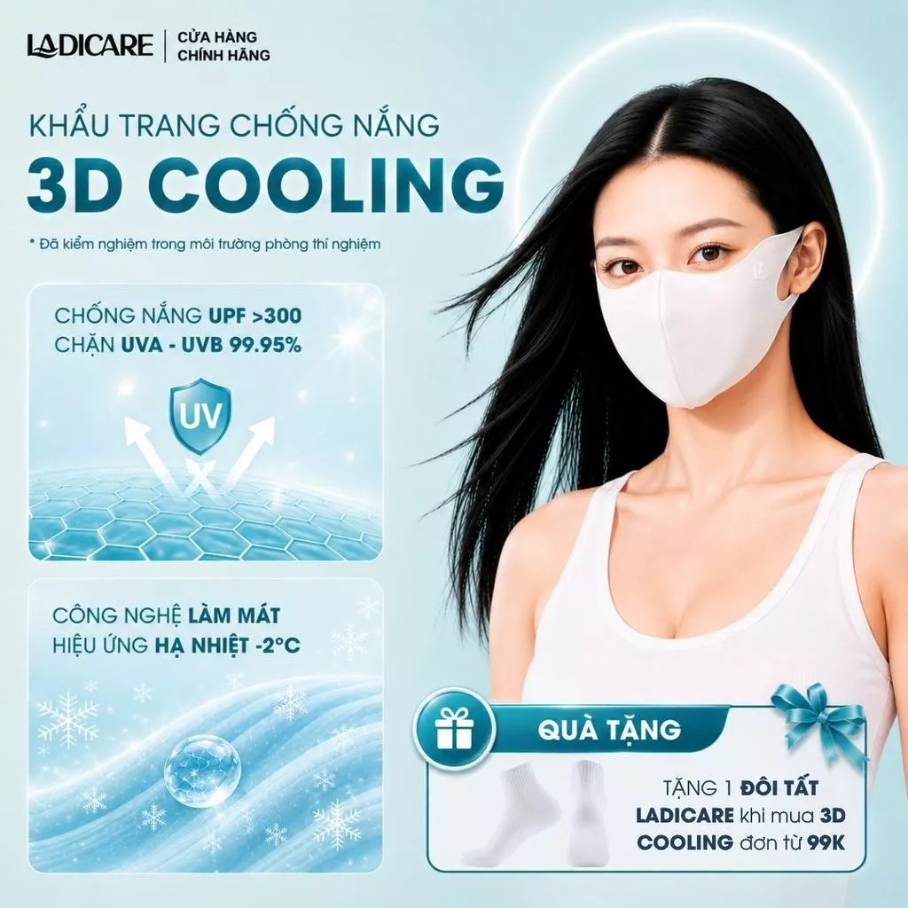 [Quà Tặng Cho Đơn Từ 99K] Khẩu Trang Chống Nắng 3D COOLING LADICARE Vải Lạnh Thoáng Mát Chống Tia UV Chính Hãng