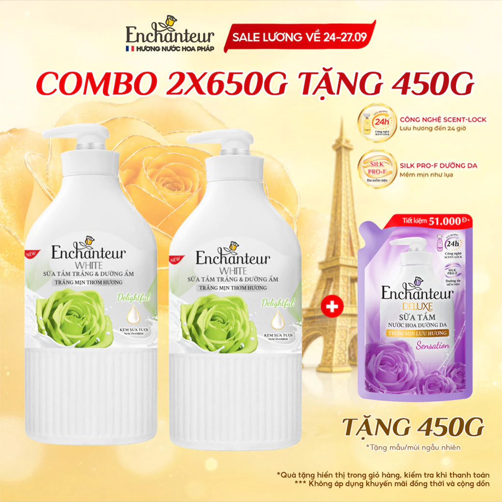 Combo 2 Sữa tắm trắng da hương nước hoa Pháp Enchanteur White Delightful 650g