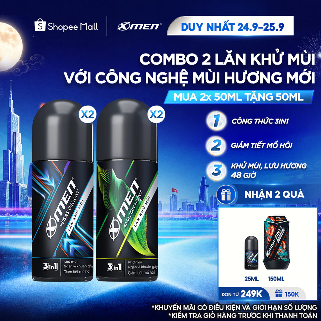 [MỚI] Combo 2 Lăn khử mùi XMen Amazon Hunt/Vegas Delight 50ml/chai