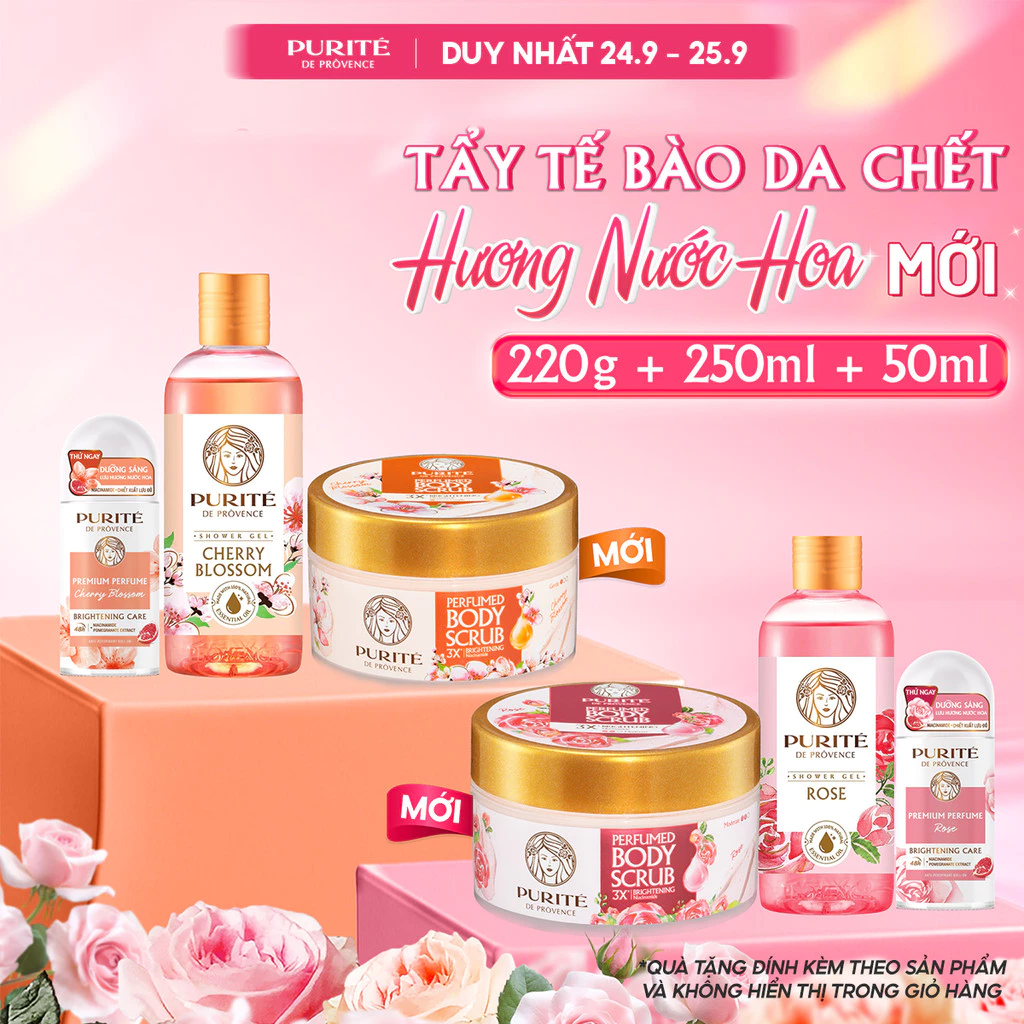 Combo Tẩy Tế Bào Da Chết Dưỡng Sáng PURITÉ Hương Nước Hoa Anh Đào/Hoa Hồng 220G & Sữa Tắm 250ML & Lăn Khử Mùi 50ML