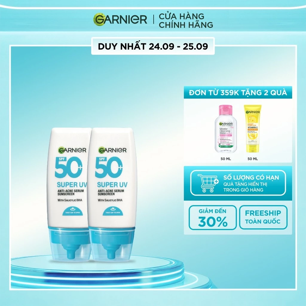 Bộ 2 Kem Chống Nắng Garnier Phổ Rộng Kiềm Dầu Đến 12H & Hỗ Trợ Giảm Mụn SPF 50+PA++++ 30mlX2