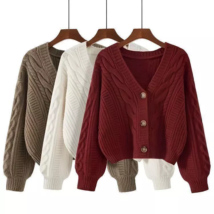 Phụ Nữ Mùa Xuân Thu Vintage Mỏng Đan Crop Rời Cổ Chữ V Cardigan Áo Len