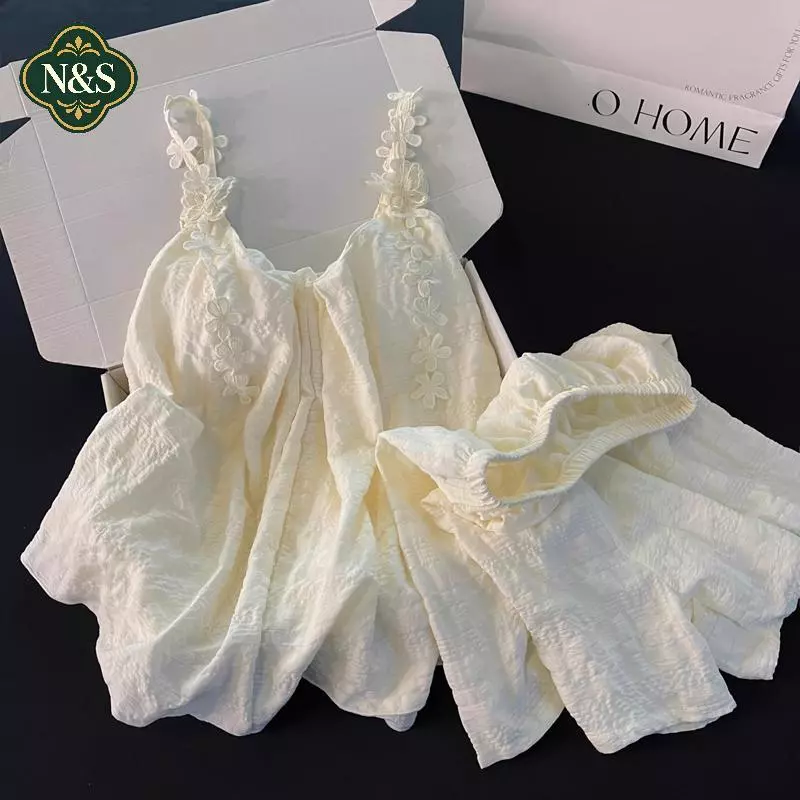 NS Casual Home Loose Flower With Ngực Pad Mùa Hè Suspender Quần Short Bộ Đồ Ngủ NS