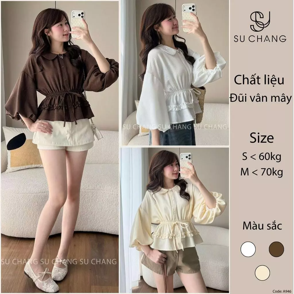 Áo Sơmi Cổ Sen Tay Bồng Hai Lớp Dây Rút Eo A946 Su Chang Thời Trang Nữ