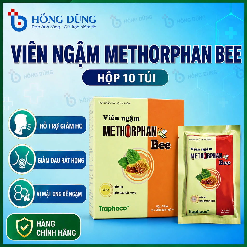 Viên Ngậm M E T H O R P H A N Bee , hỗ trợ giảm ho, giảm rát họng, giảm đờm -  Vỉ 6 viên