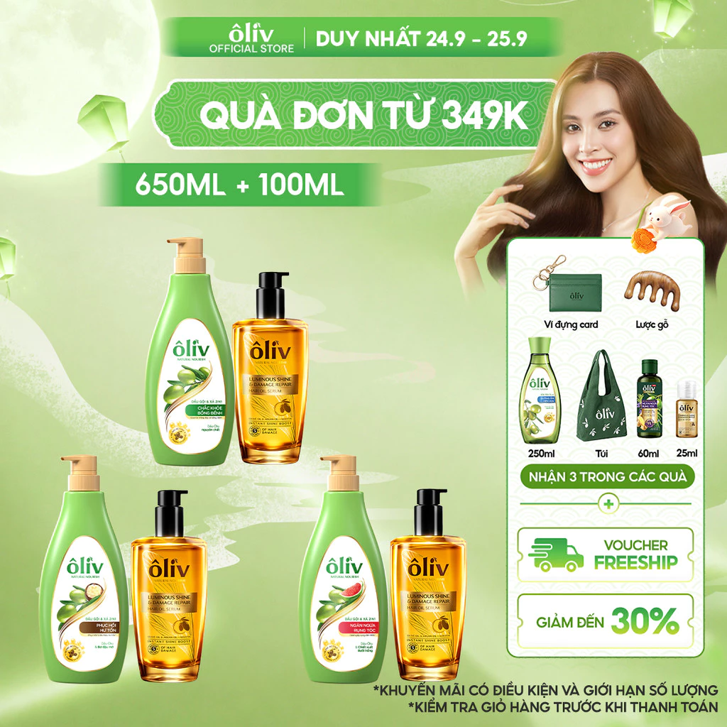 [SẢN PHẨM MỚI] Combo 2 bước Dầu Gội Xả ÔLIV 2IN1 Gấp Đôi Dưỡng Chất 650ML + Serum dưỡng tóc 100ML
