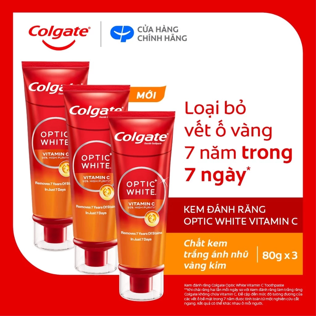 Bộ 3 Kem đánh răng Colgate trắng răng Optic White Vitamin C độ tinh khiết cao, loại bỏ vết ố cứng đầu trong 7 ngày 80g