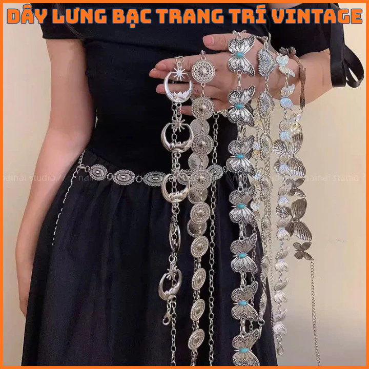 Dây thắt lưng bạc trang trí Y2K cho váy đầm Bohomian, dây belt xích bướm nhiều lớp đa mẫu phong cách cổ điển đi biển 389