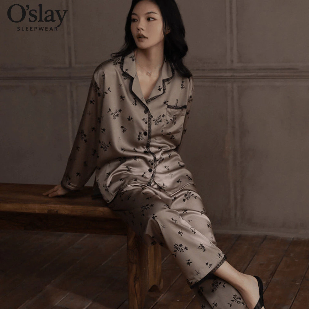 Bộ Ngủ Lụa Tay Dài Nữ - Pijama Mềm Mại Mùa Xuân Thu Có Thể Mặc Ngoài Sang Trọng B32513
