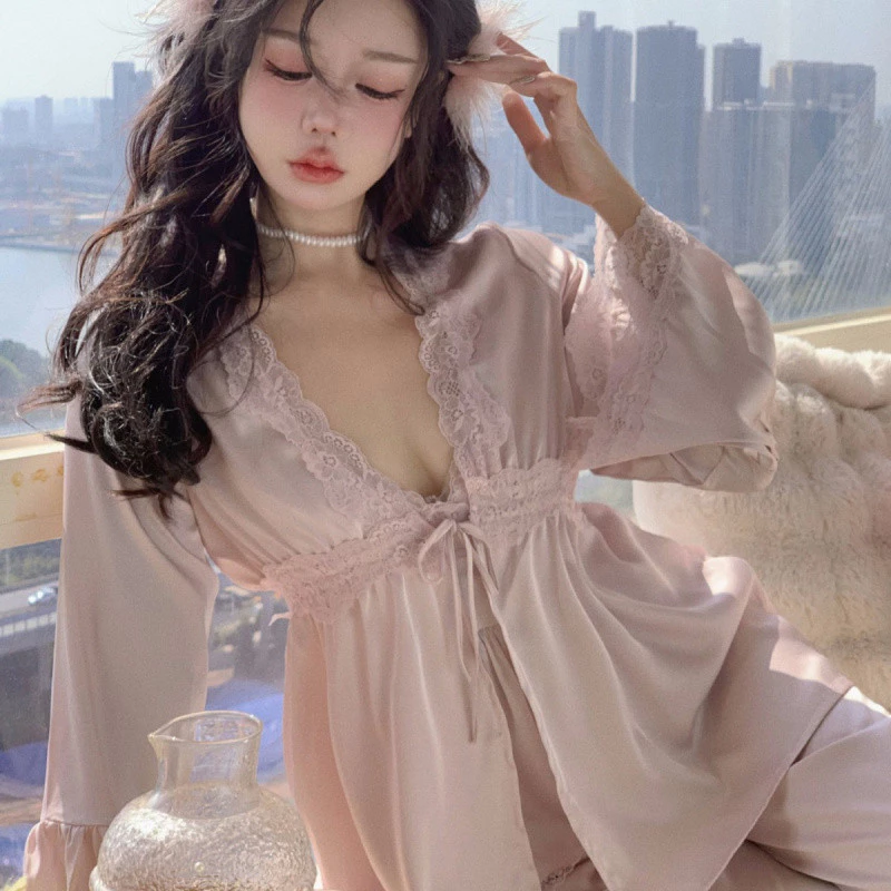 Mùa Xuân Mùa Hè Pháp Gợi Cảm Ren Dài Tay Treo Quần Ba Mảnh Bộ Đồ Ngủ Loungewear