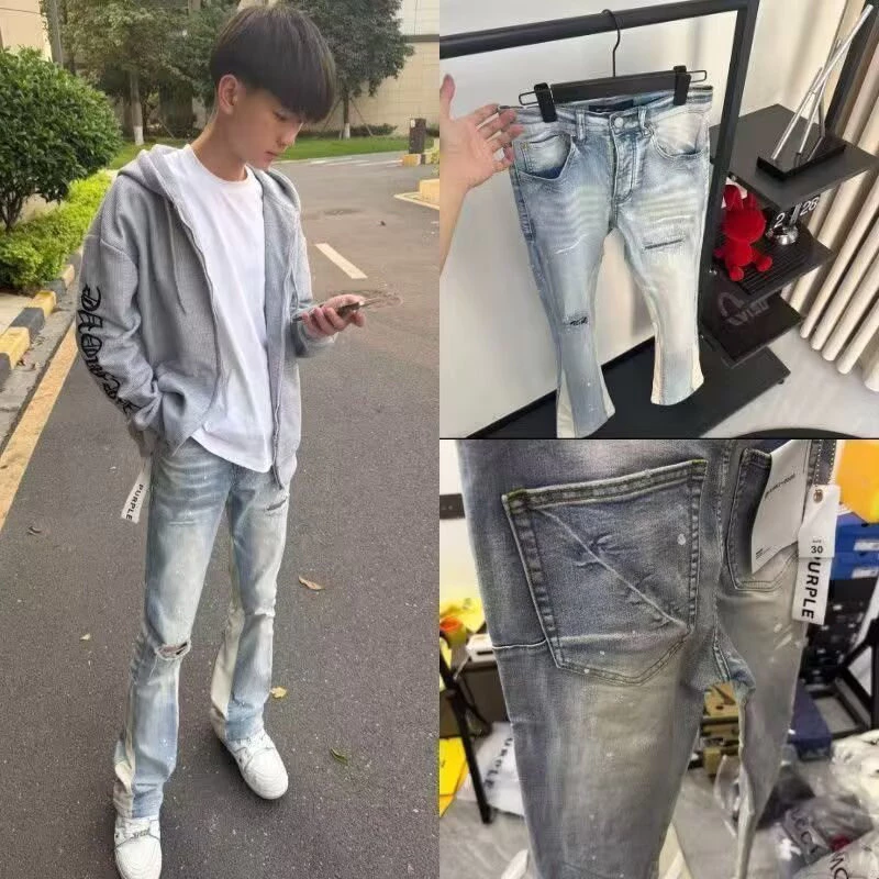 Mùa Xuân Mùa Hè Thời Trang Rách Chắp Vá Quần Jean Nam Slim Fit Thẳng Chân Nhiều Túi Phong Cách Hợp Thời Trang
