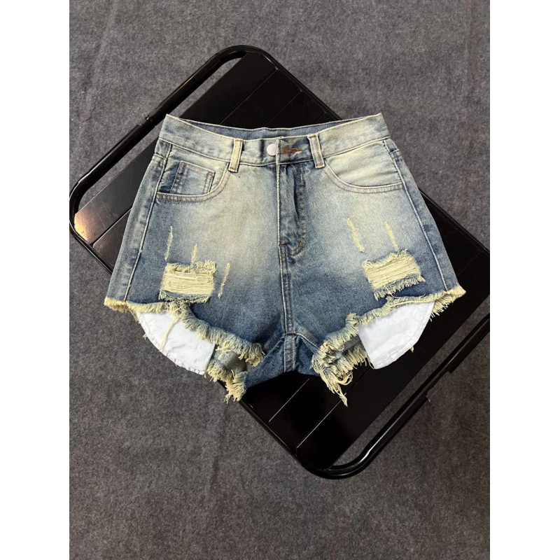 Quần Short Jean Nữ Lai Tua , Rách Xước Lộ Túi , Lưng Cao Dài 28Cm WSHJ87