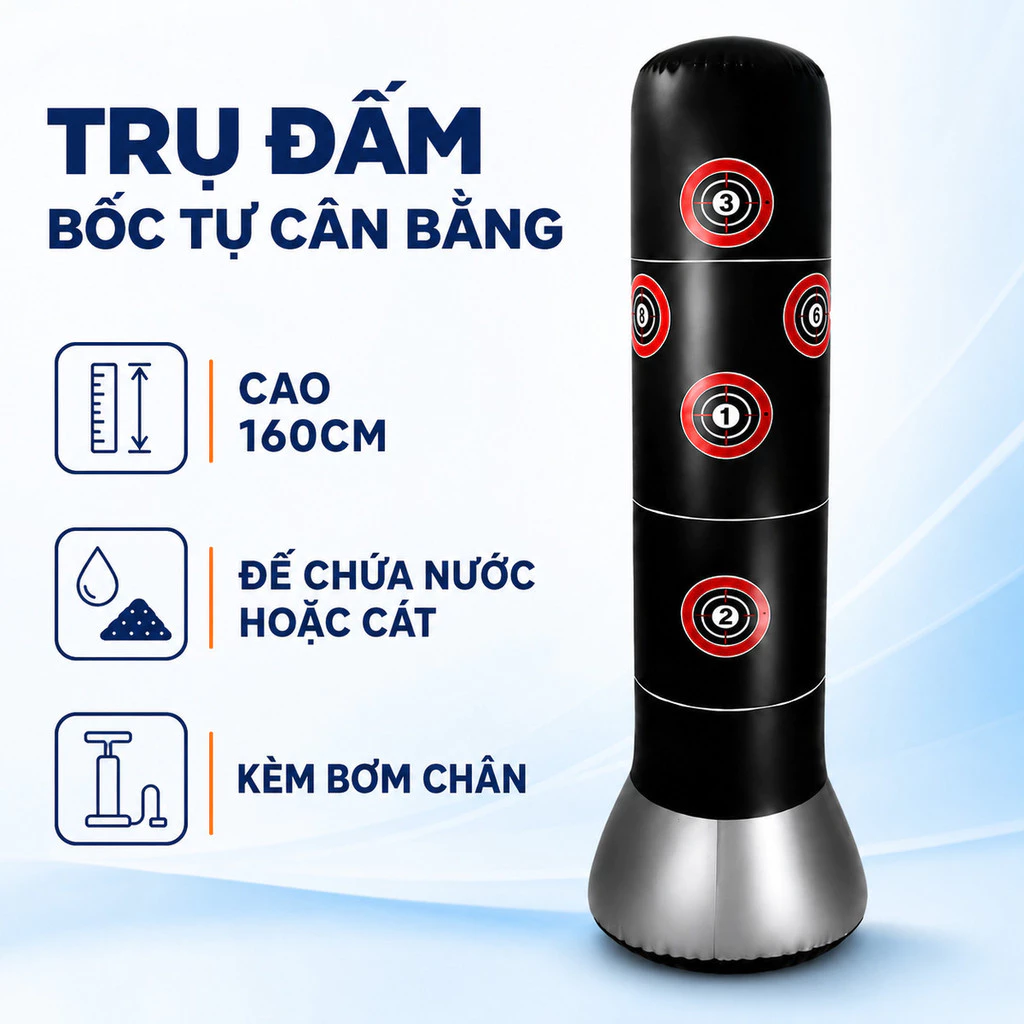 Bao Trụ Đấm Bốc Tự Cân Bằng Kèm Bơm PURE BOXING Cao 160cm, Đường Kính 48cm