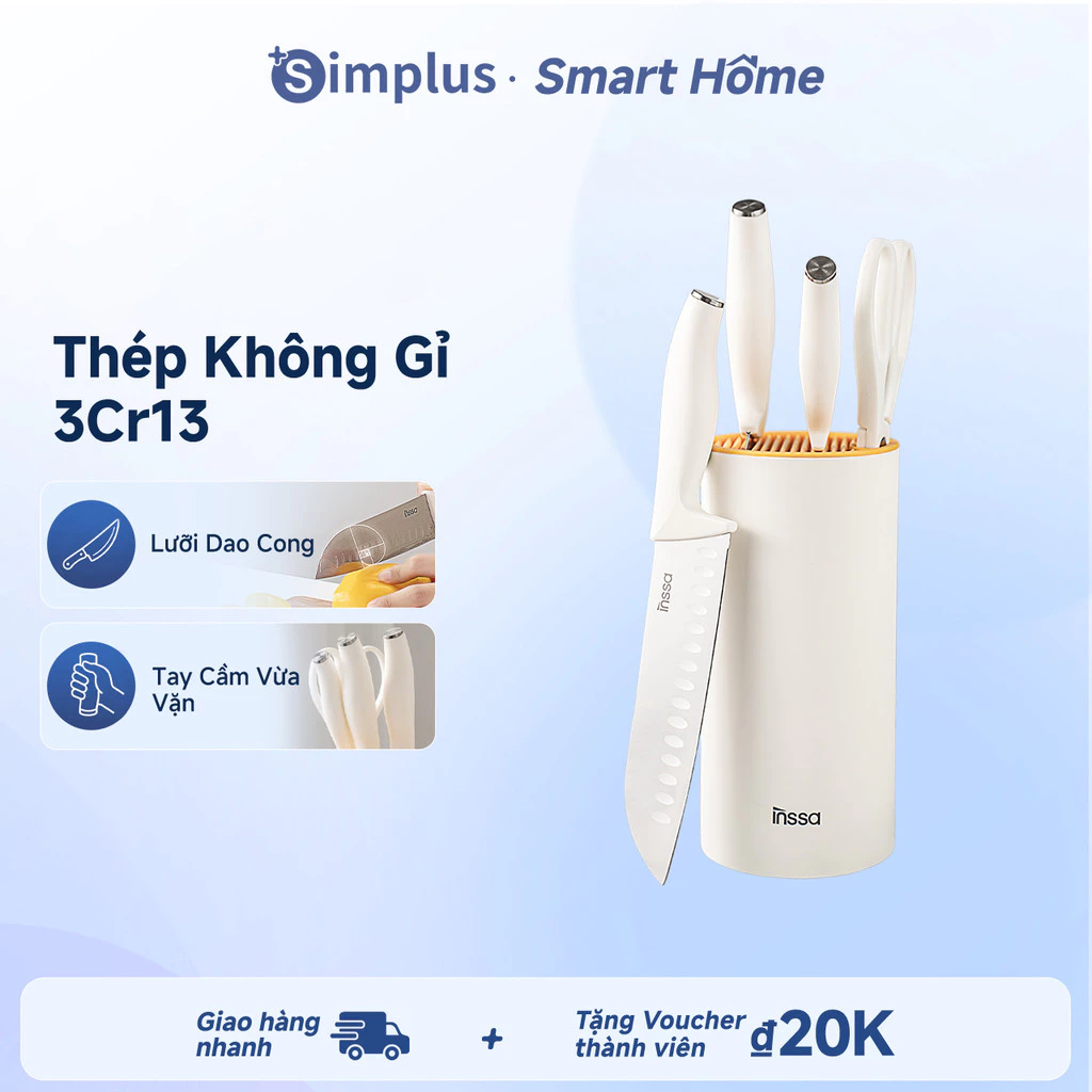 Simplus Bộ dao, bộ 5 dao, dao bằng thép không gỉ + Thớt Thép Không Gỉ 304 PP Nghiền Gừng Bề Mặt Chống Trượt DAOJ001