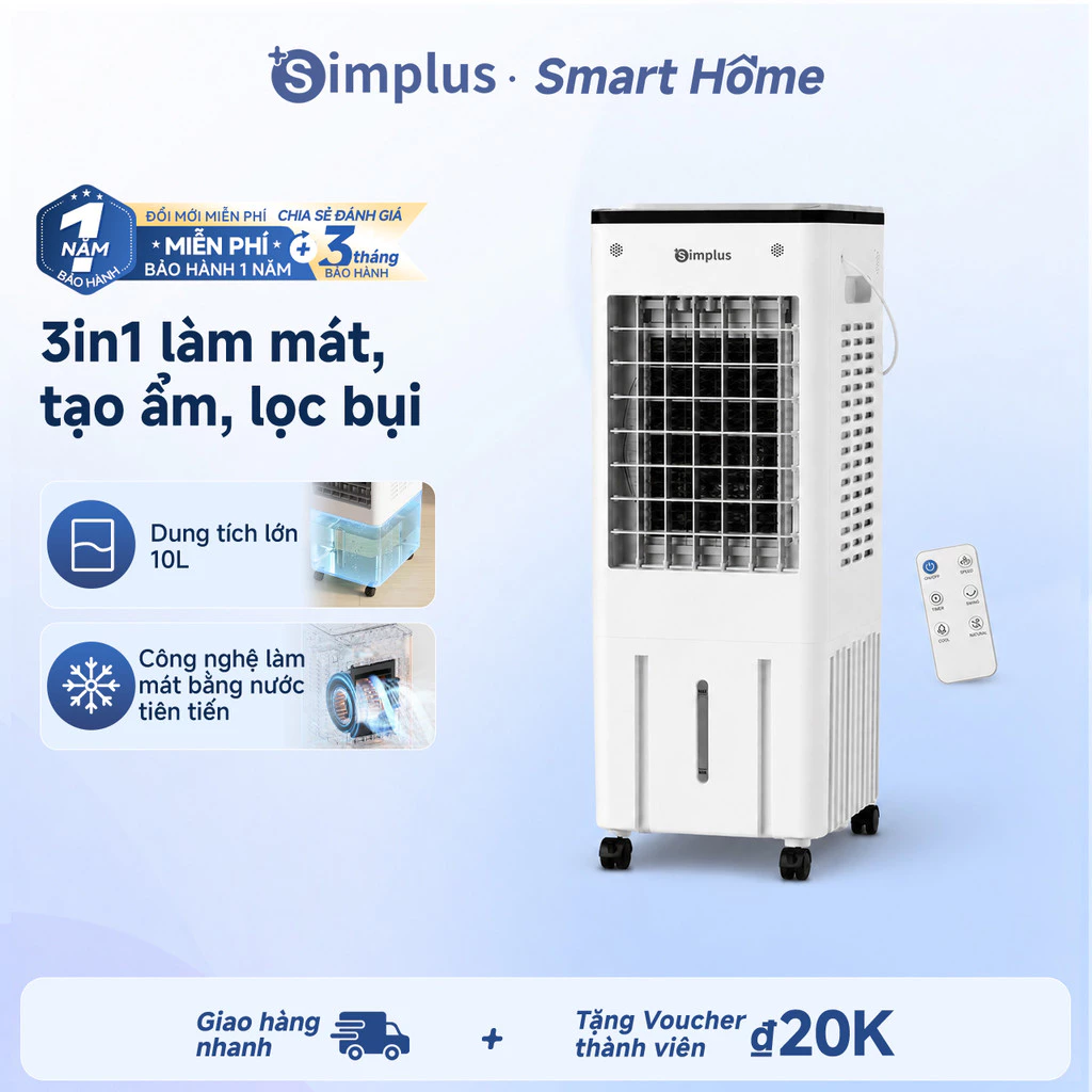 Simplus Quạt làm mát nước thông minh 10L Làm mát bằng đá gel Động cơ hiệu suất cao Điều khiển từ xa 1.5m LFSH007