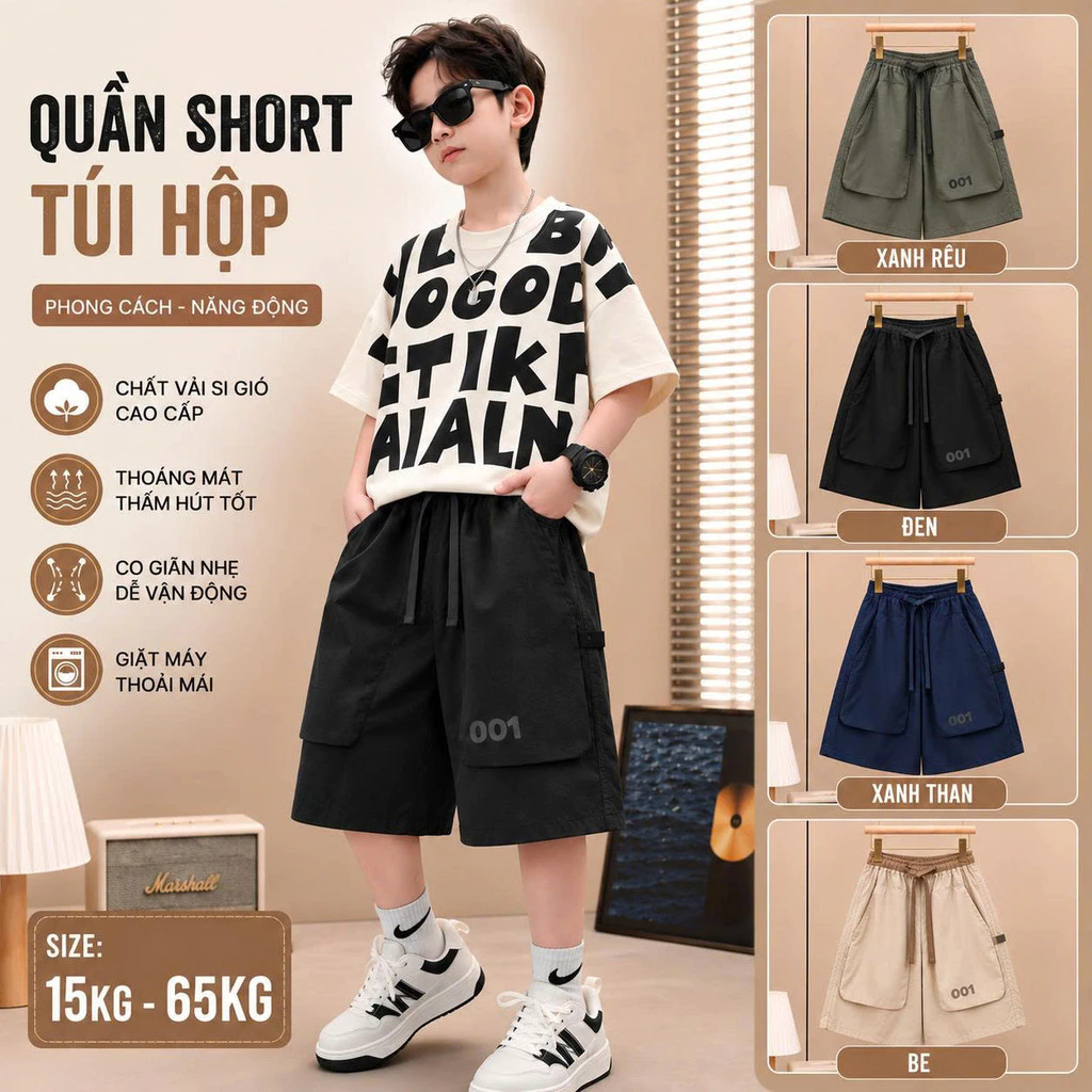 QUẦN SHORT BÉ TRAI TÚI HỘP FORM RỘNG, QUẦN SOOC SI GIÓ MỀM MÁT SIZE ĐẠI 12–68KG THỜI TRANG TRẺ EM Q001