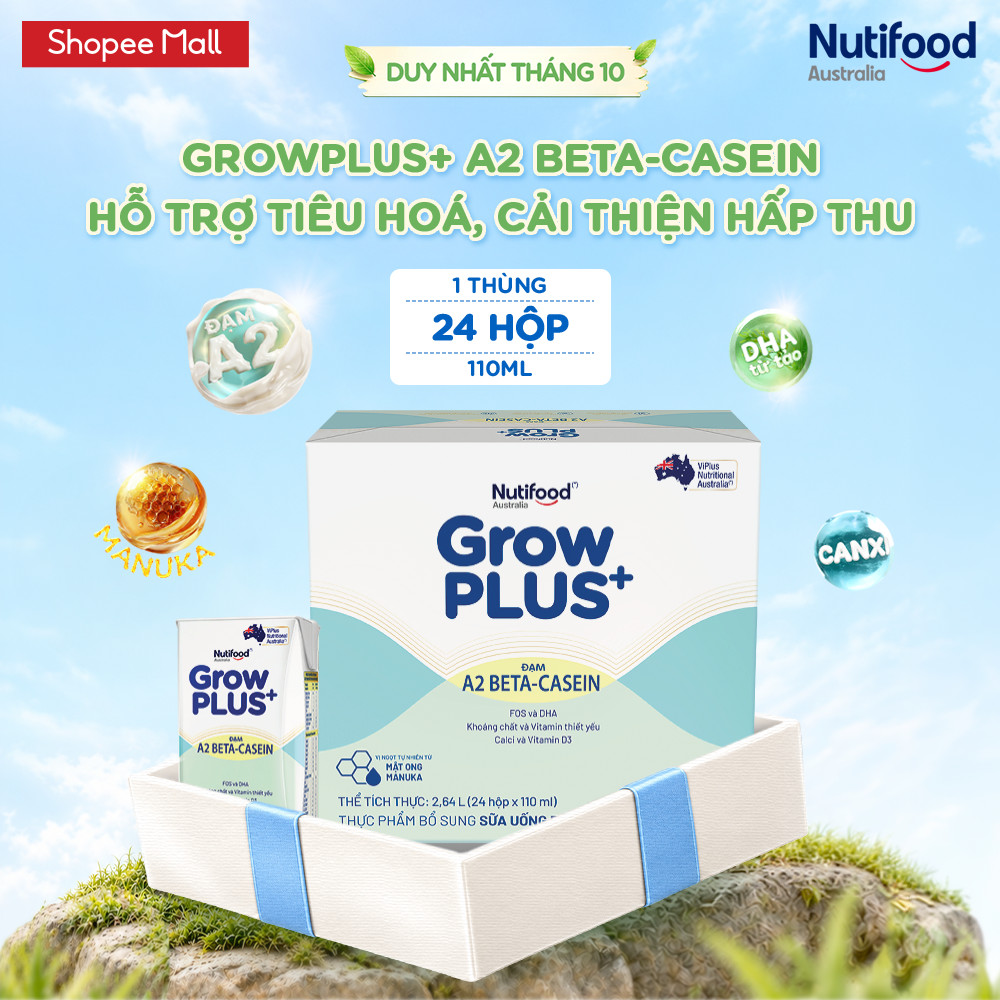 Thùng 24 hộp Sữa bột pha sẵn GrowPLUS+ Đạm A2 Beta-Casein Hộp 110ml