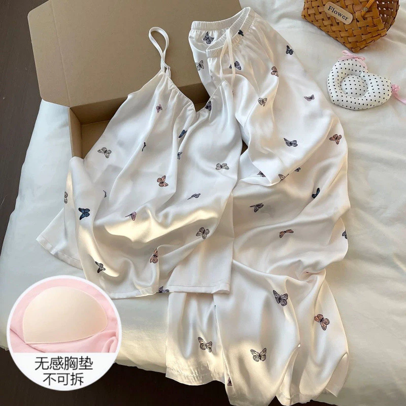 Bộ Đồ Ngủ Bằng Lụa Băng Nữ Mùa Hè Có Miếng Lót Ngực Treo Quần Ngọt Ngào Homewear Phù Hợp Với