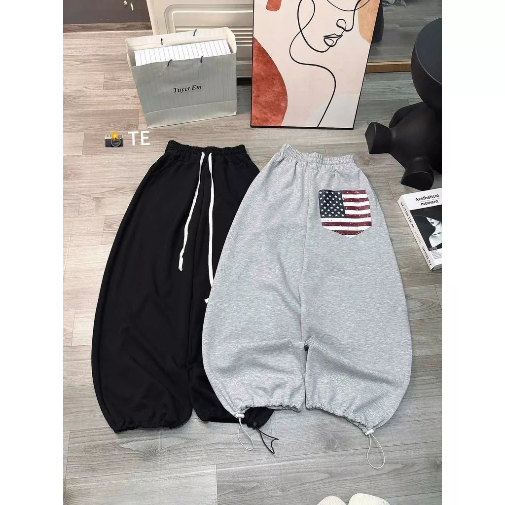 (freesize 39-50kg ) Quần Dài Nữ Mì Nỉ Dày, Cạp Thun Lưng Cao -hình in đơn giản lá cờ hottrend-chang3158