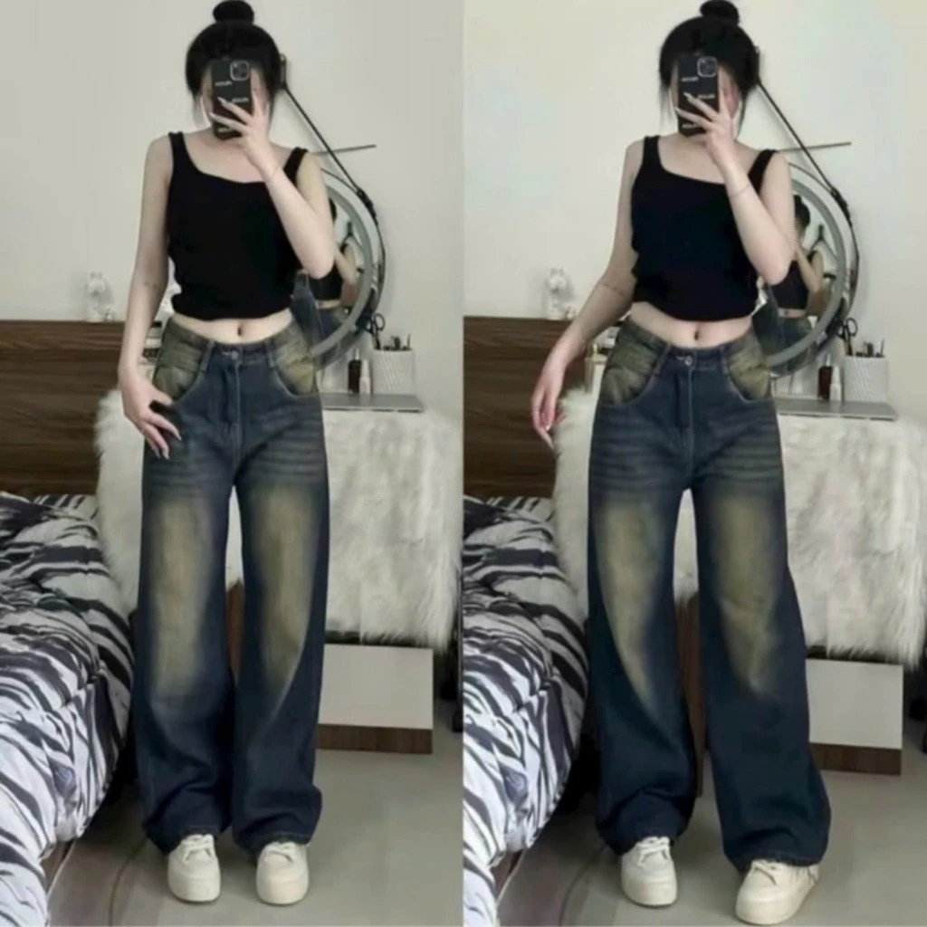 Quần Jean Nữ ống Suông lưng cao xanh bụi -Quần baggy nữ ống rộng màu RETTO mẫu mới TH0562