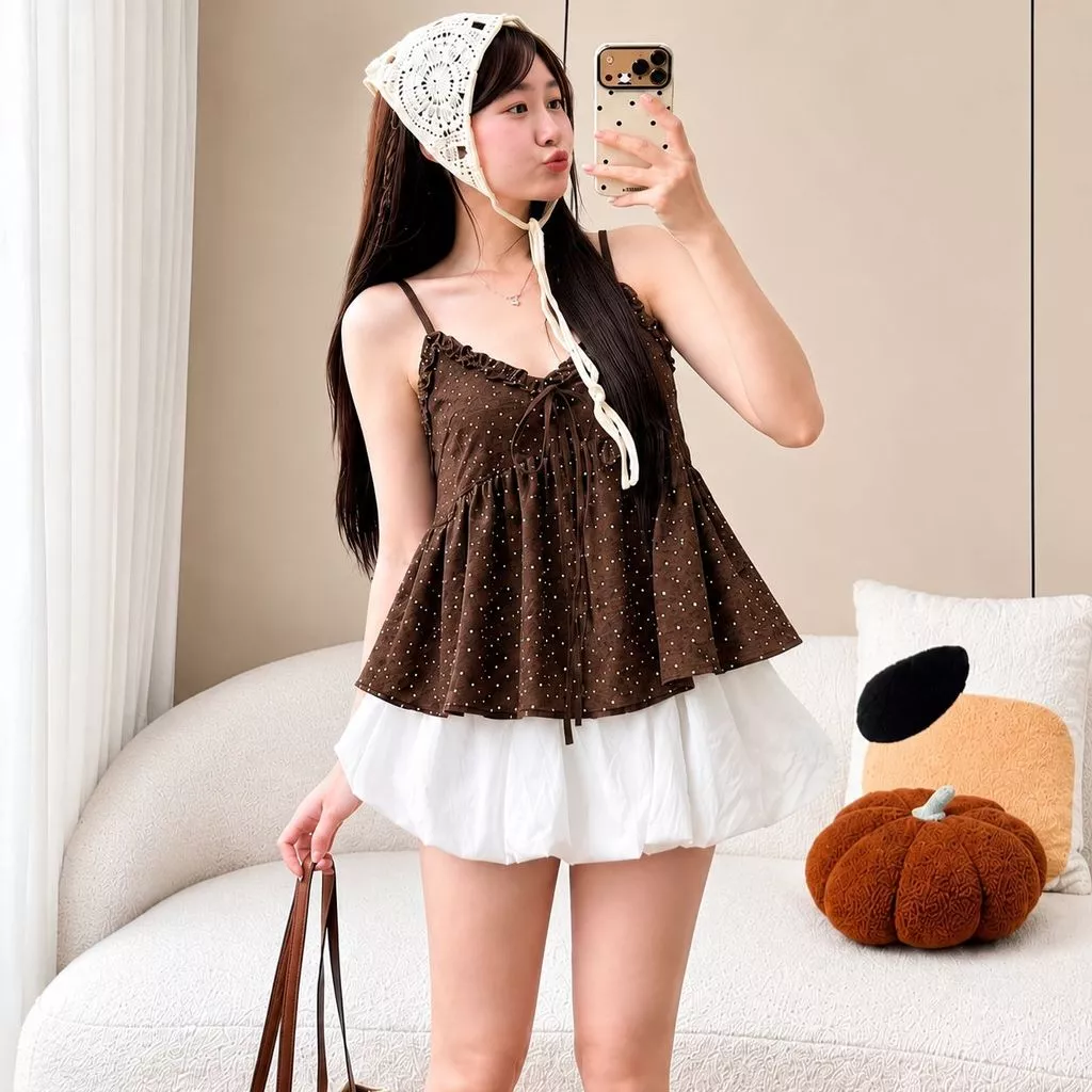 Áo Kiểu Nữ Hai Dây Babydoll Hoa Nhí Cổ Bèo Thắt Nơ Form Xòe Che Bụng Phong Cách Hàn Quốc Dịu Dàng Mặc Hè Hot Trend
