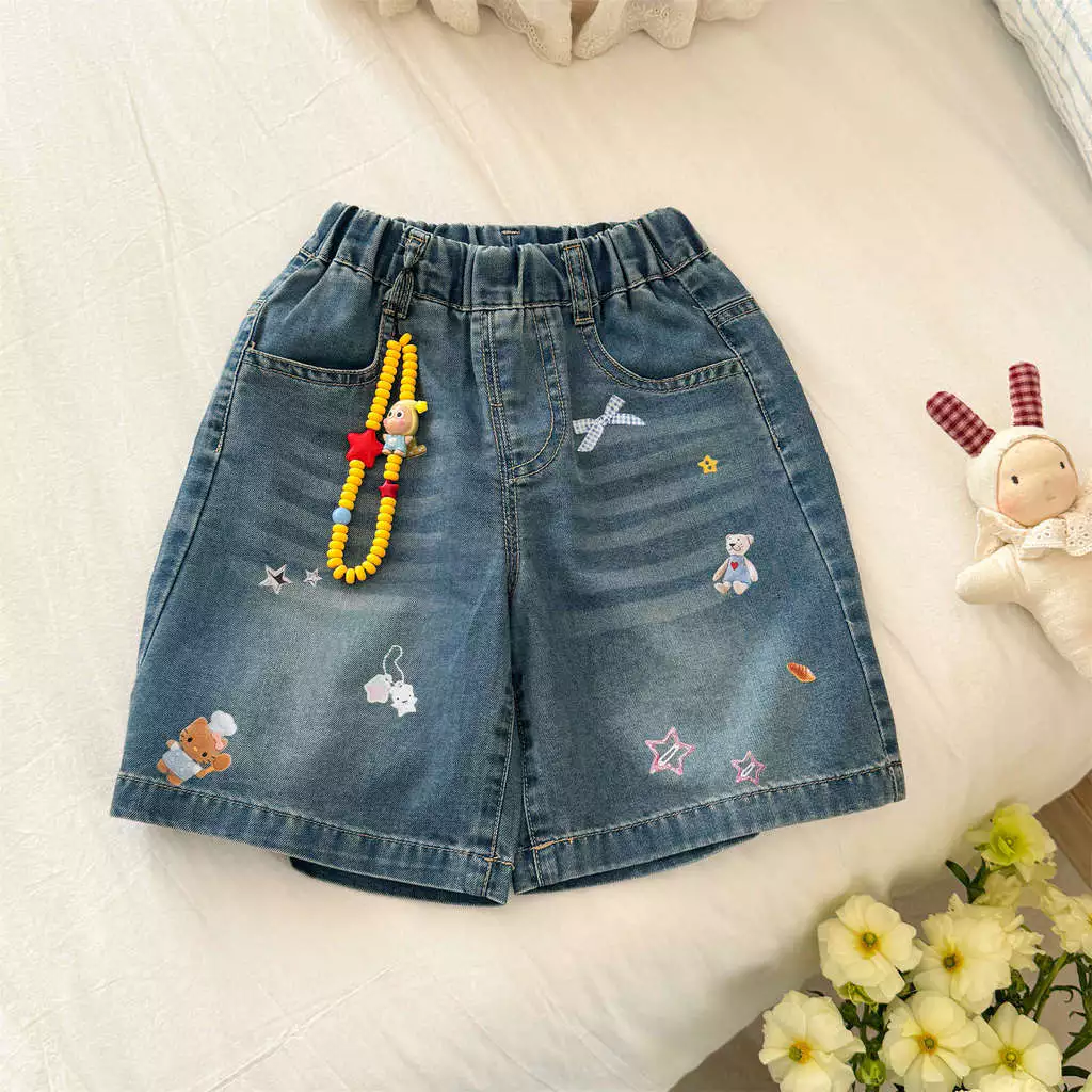 Phong Cách Hàn Quốc Quần Áo Trẻ Em Mùa Hè Phong Cách Mới Hoạt Hình Anime Quần Crop Denim