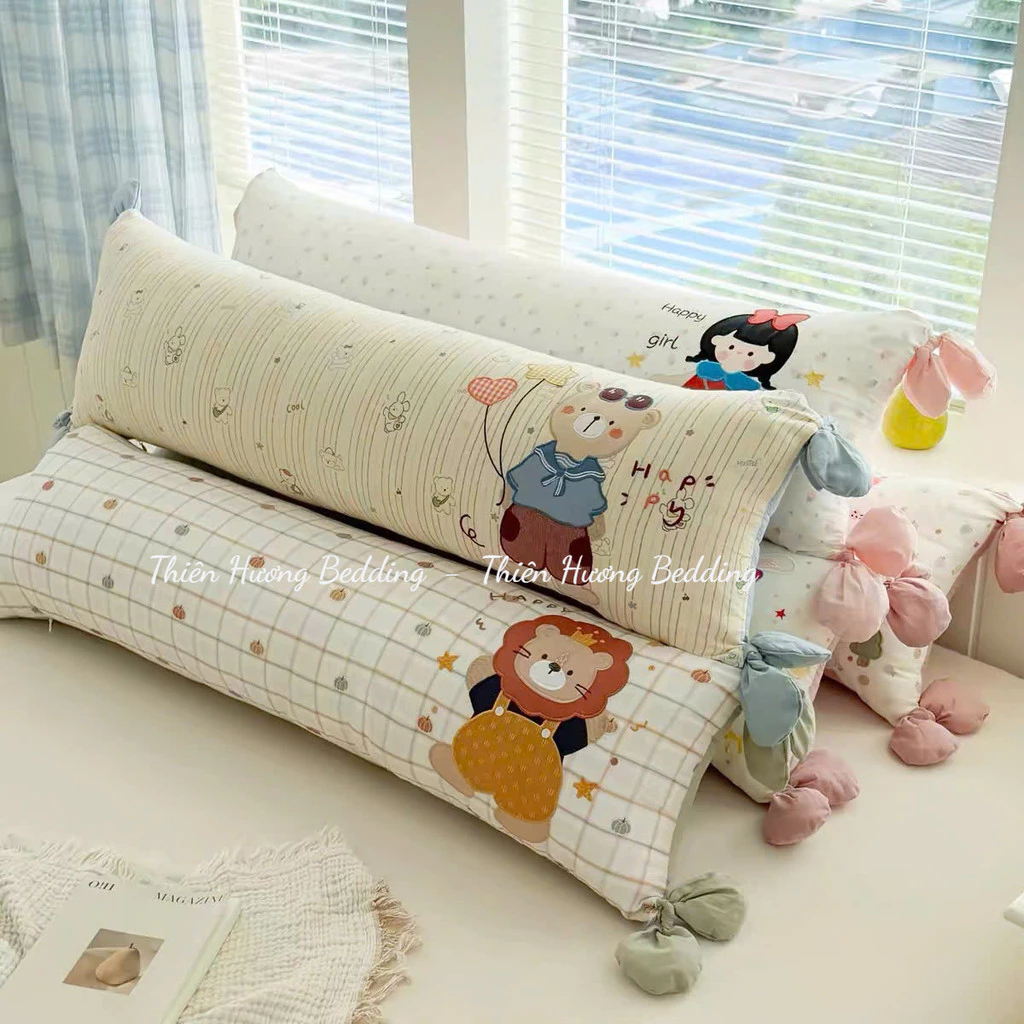 Gối ôm hoạt hình Vải Cotton Thêu Hình Thú Kích Thước 35x100cm Tháo Được Vỏ - Thiên Hương Bedding