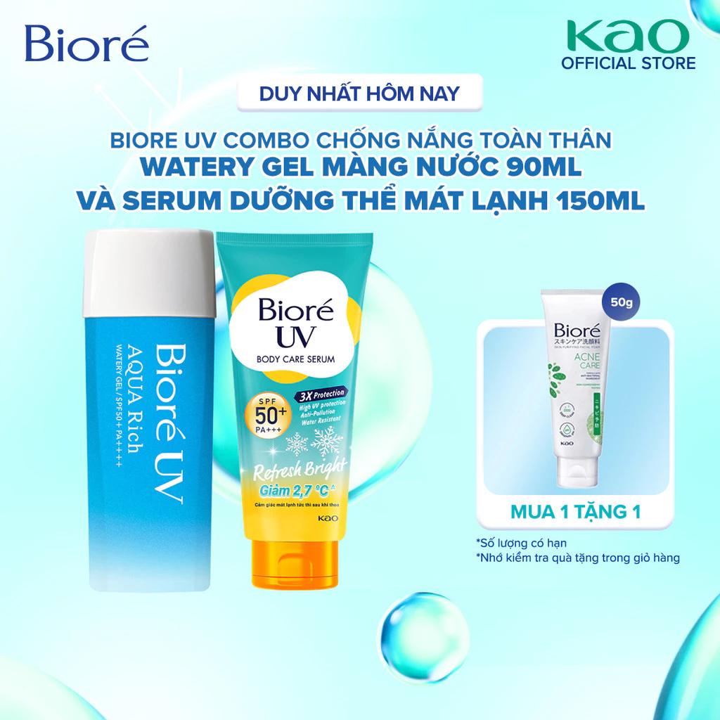 Combo Biore UV Chống Nắng Toàn Thân Watery Gel Màng Nước 90ml và Serum Dưỡng Thể Kháng Bụi Mát Lạnh 150ml