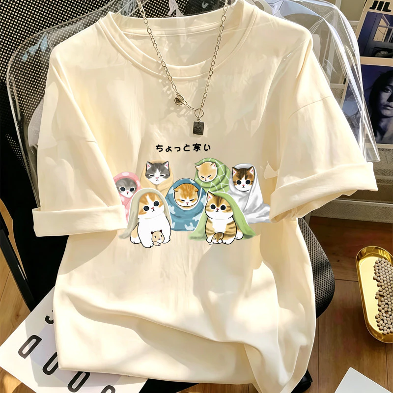 Hot trend Áo thun nữ phong cách dễ thương ngọt ngào, cổ tròn tay ngắn in mèo khăn tắm phù hợp đi chơi hàng ngày