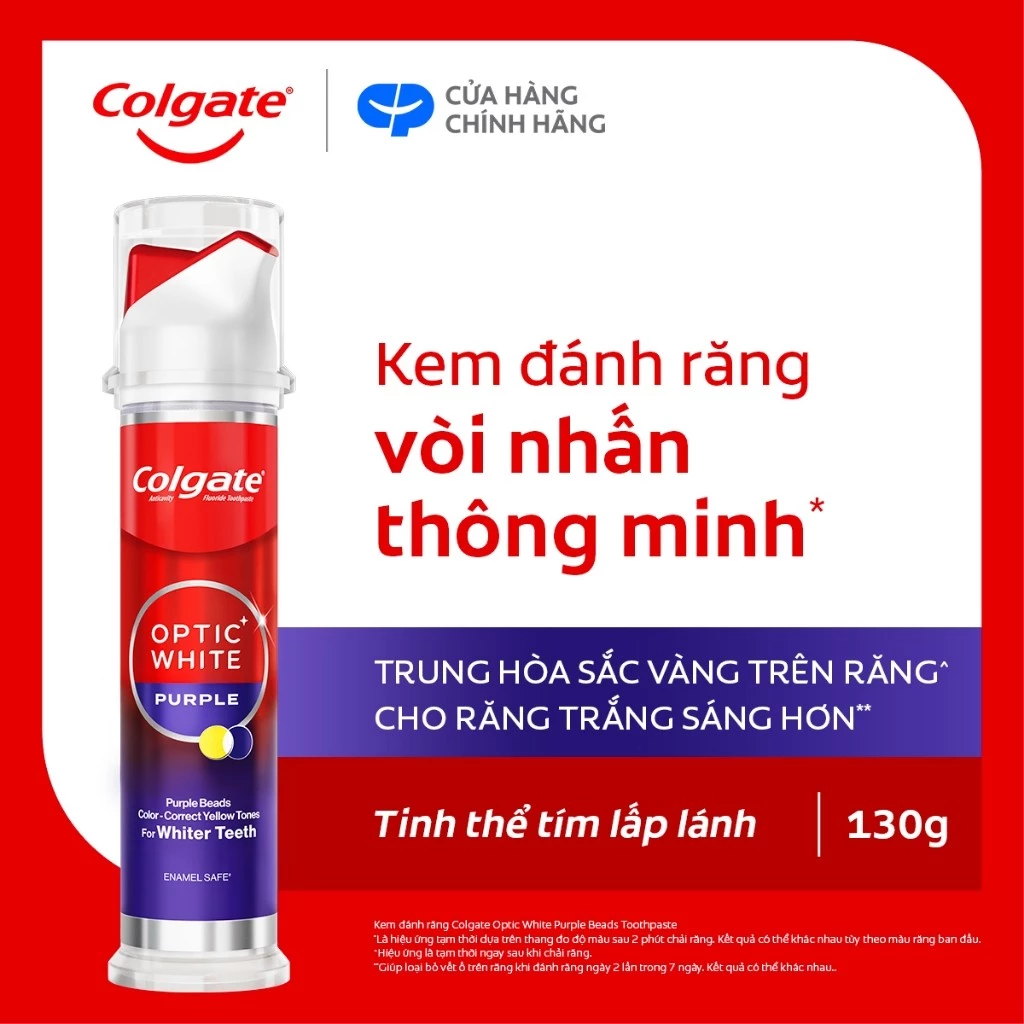 Kem đánh răng Colgate vòi nhấn thông minh Optic White Purple, cho răng trắng sáng hơn 130g/ống