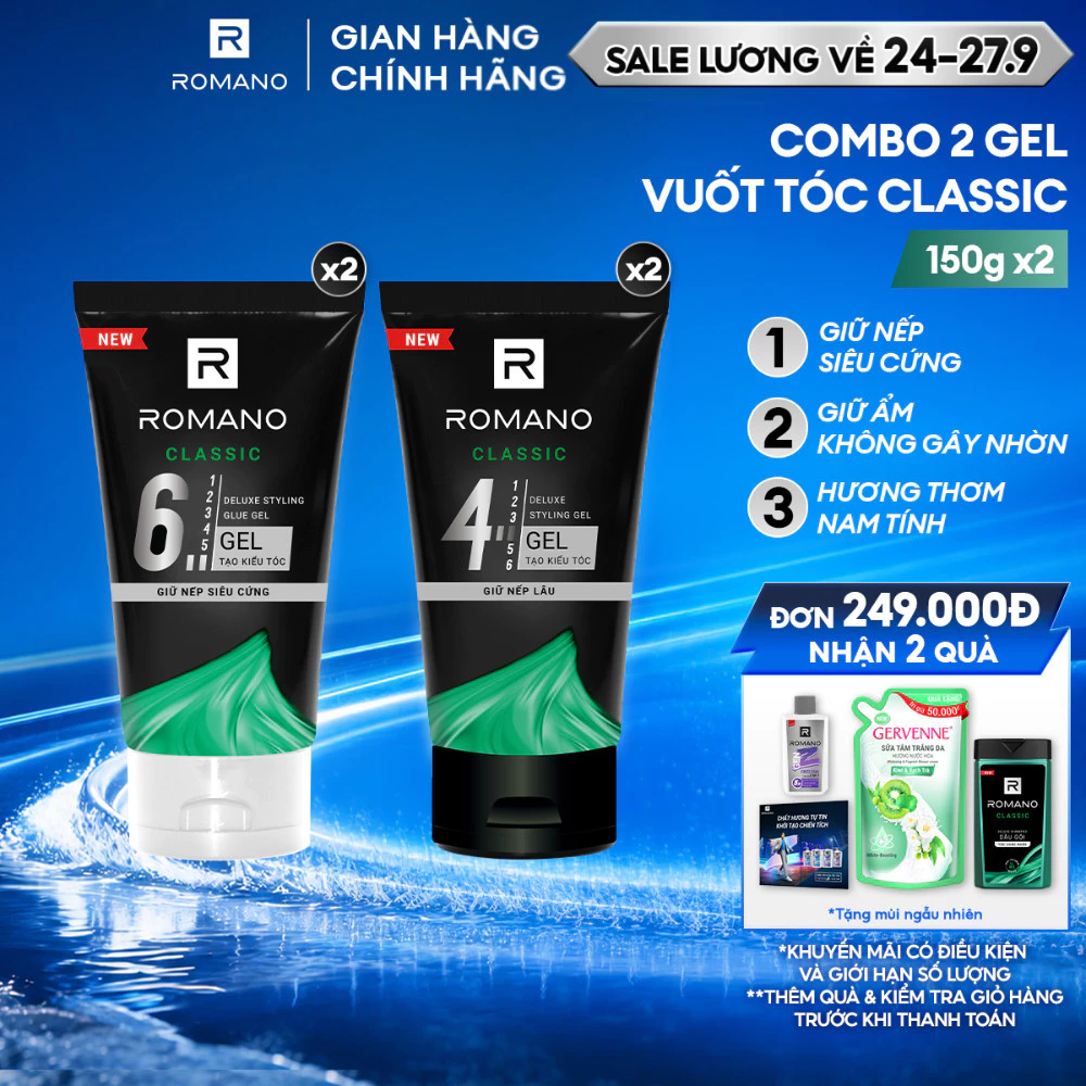 Combo 2 Gel vuốt tóc nam Romano Classic giữ nếp lâu và giữ nếp siêu cứng 150g/chai