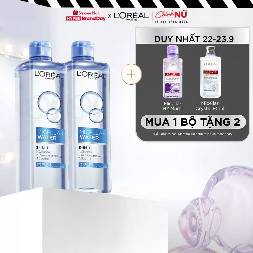 Bộ 2 nước tẩy trang đa năng 3in1 tươi mát L'Oreal Paris (xanh dương nhạt) 400ml