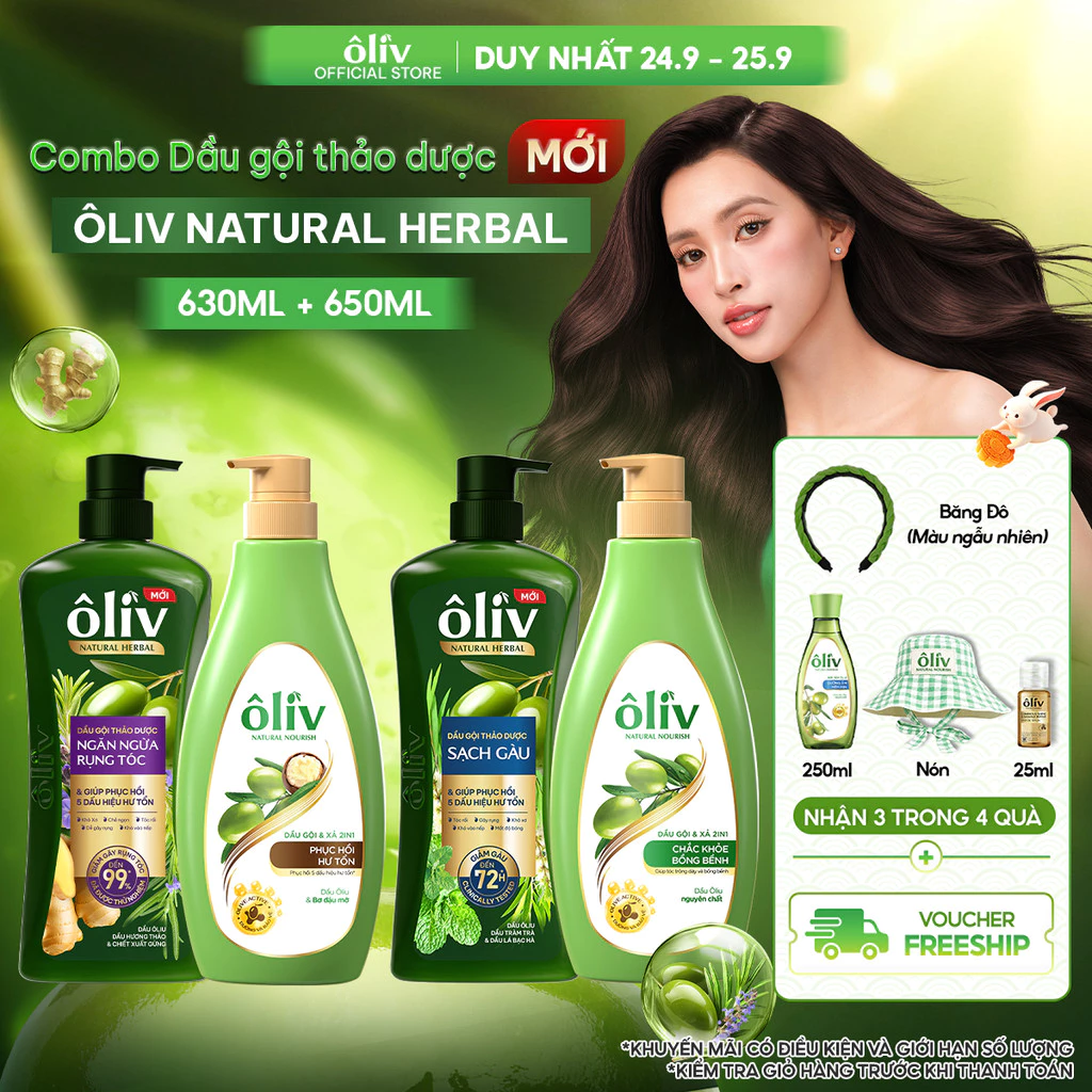 [MỚI RA MẮT] Combo Dầu Gội Thảo Dược Ôliv Natural Herbal Ngăn Gãy Rụng/Sạch Gàu 630ML + Dầu Xả 650ML