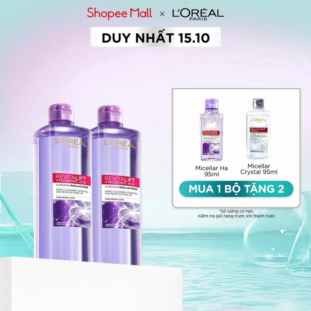 Bộ 2 nước tẩy trang cấp ẩm căng mịn da L'oreal Paris Hyaluronic Acid 400ml x 2