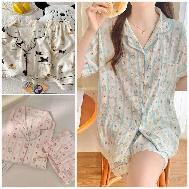 Bộ Pyjama Đũi Nữ Cộc Tay - Đồ Ngủ Mặc Nhà Họa Tiết Dễ Thương Mềm Thoáng Mùa Hè B75063