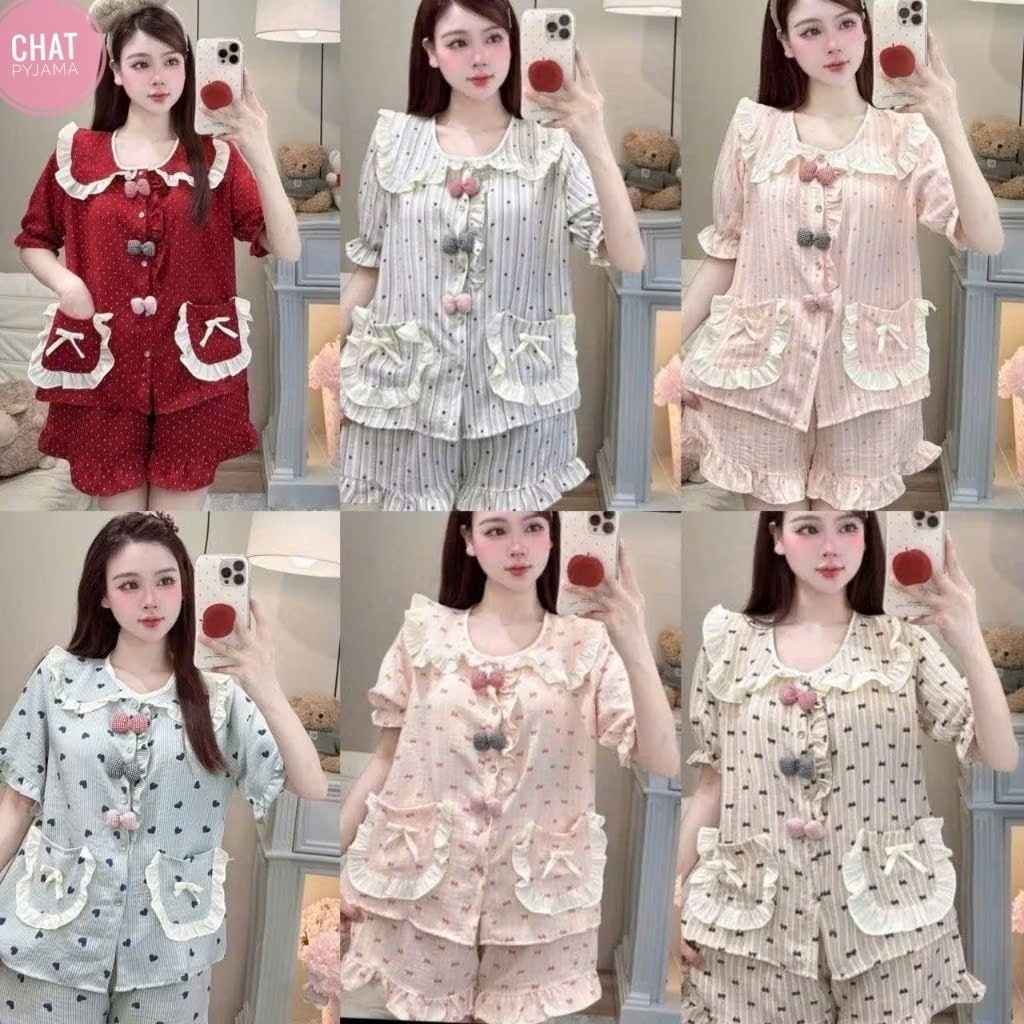 SÉT BỘ PYJAMA ĐÙI HÌNH BÈO 3 NƠ CHẤT ĐŨI VÂN MÂY MỀM MÁT Ạ