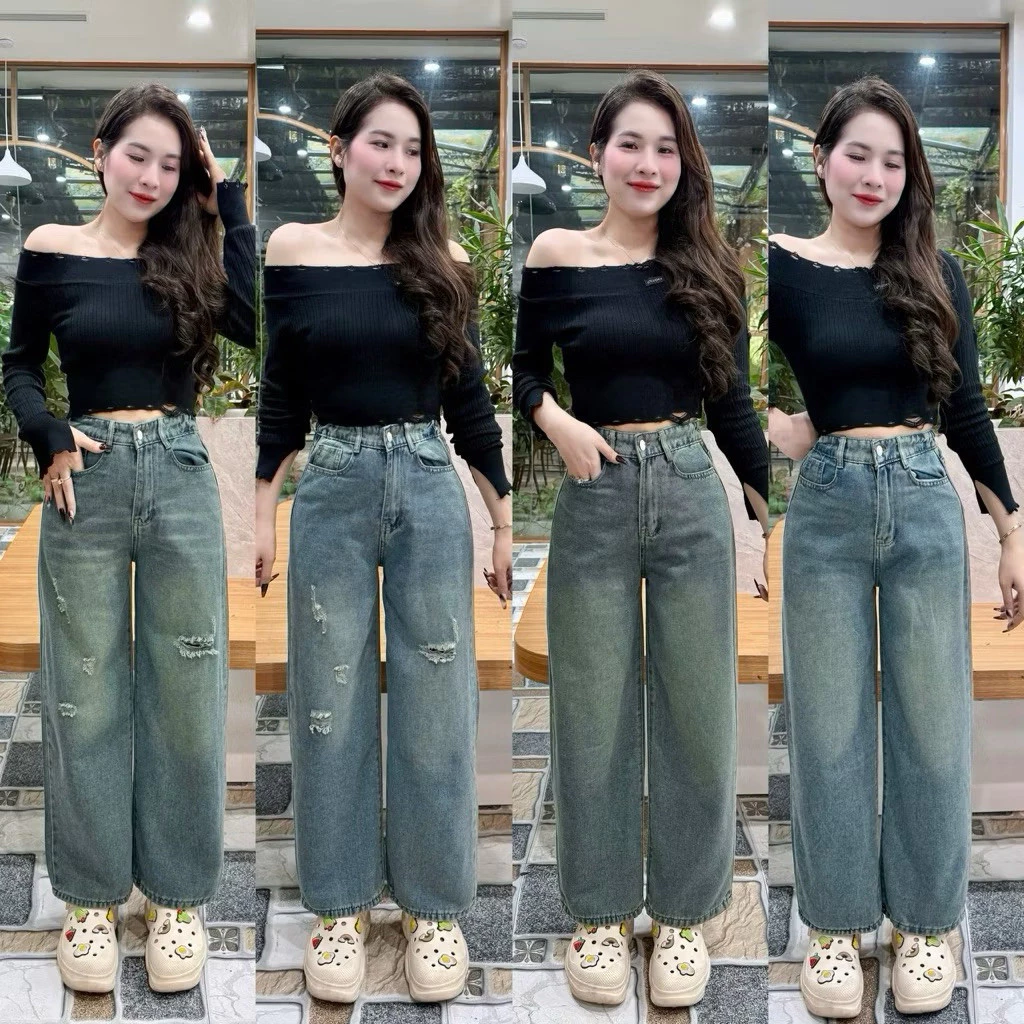 Quần Jeans Suông Ống Rộng Cạp trước khoá Sau Chun Lưng Cao Co Dãn Mặc Hách Dáng Cho Nữ