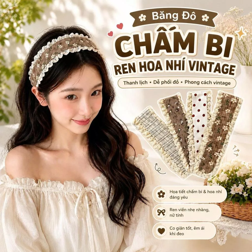 Băng đô cài tóc viền ren vintage - họa tiết hoa nhí, chấm bi nữ tính