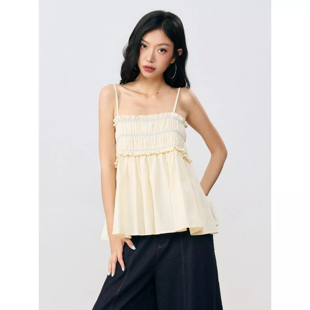 Áo babydoll 2 dây nữ THE C.I.U, áo cami smocking bèo nhún form xòe đi biển nhẹ nhàng – Cloudy Top - MN12