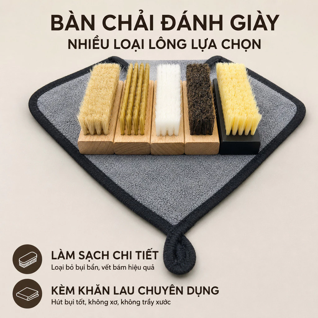 Bàn Chải Đánh Giày Lông Heo, Lông Nhựa PP, Lông Ngựa, Lông Lụa Bản Cho Giày Vải Sneaker Ximo Kèm Khăn Lau Chuyên Dụng